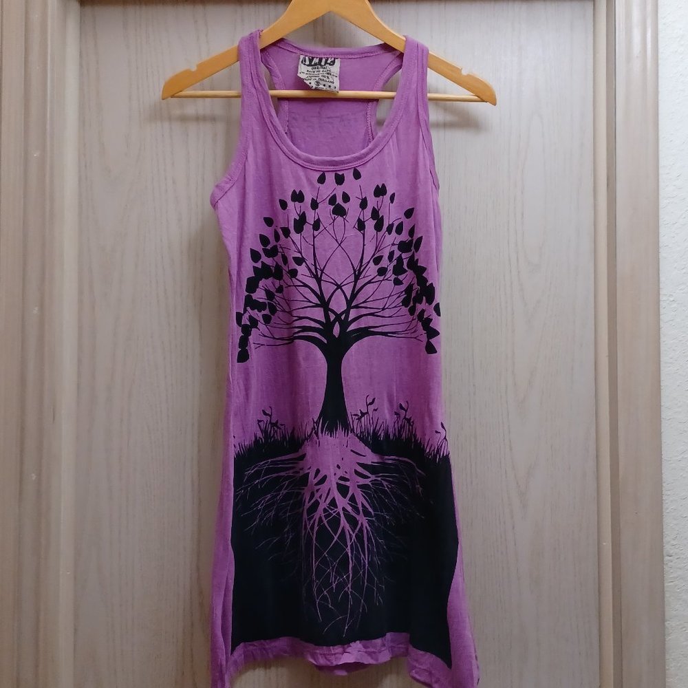 Long Tank top shirt or dress ,100% cotton size small, purple wtih tree with root